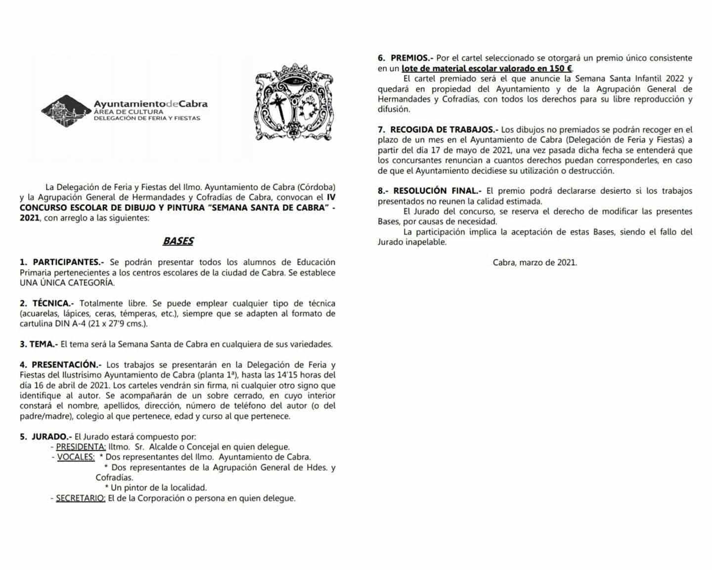 IV CONCURSO ESCOLAR DE DIBUJO Y PINTURA “SEMANA SANTA INFANTIL DE CABRA